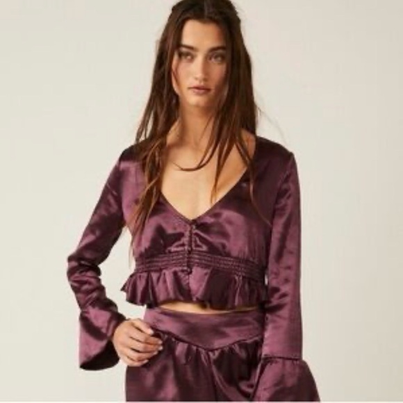 Free People Tops - Free People Chasing Love Ruffle Satin top in precious wine